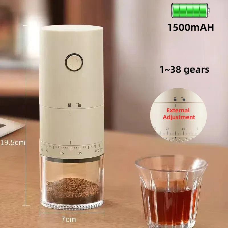 New Portable Electric Power Display Coffee Bean Grinder 38 Gears External Adjustable USB 2000mAh Household Mini Coffee Machine Oasis Select Beige Basics