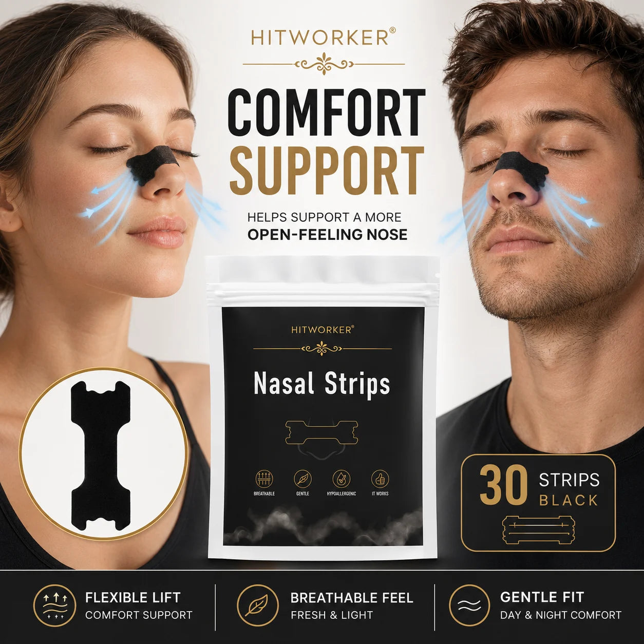 HITWORKER Black Nasal Strips Breathable Nose Strips Flexible Support Nose Tape Skin-Friendly Adhesive Comfort Fit for Day Oasis Select