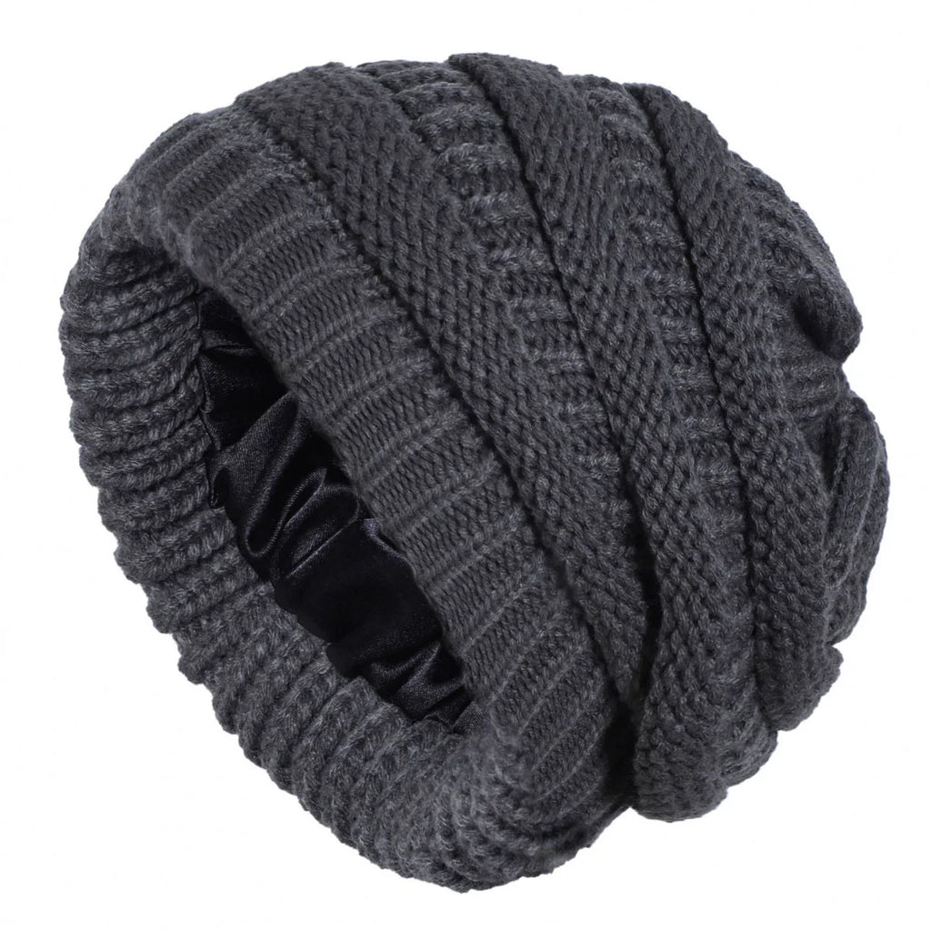 Skeleton hat with micro elastic satin lining, knitted hat with satin lining, windproof and warm hat, double-layer knitted hat wi Oasis Select 4