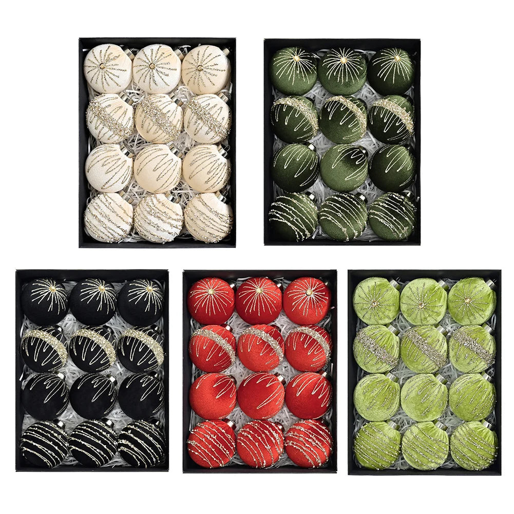 12-pcs 8cm Flocked Velvet Christmas Tree Ornaments Set Fit For Elegant Holiday Decor Christmas Charms Home Decor Xmas Hanging Oasis Select