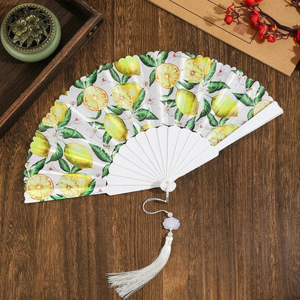Portable Fruit Pattern Folding Hand Fan Plastic Frame Fabric Fan With Tassel Summer Cooling Fans Dance Performance Home Decor Oasis Select 7