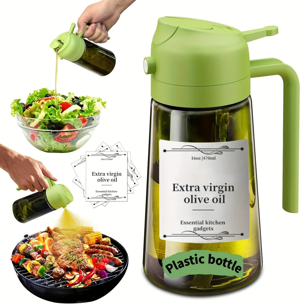 1pc 2-in-1 Olive Oil Dispenser & Sprayer, 16oz/470ml Dark Green Bottle, Durable Plastic with 6 Stickers, Kitchen Cooking Gadget Oasis Select