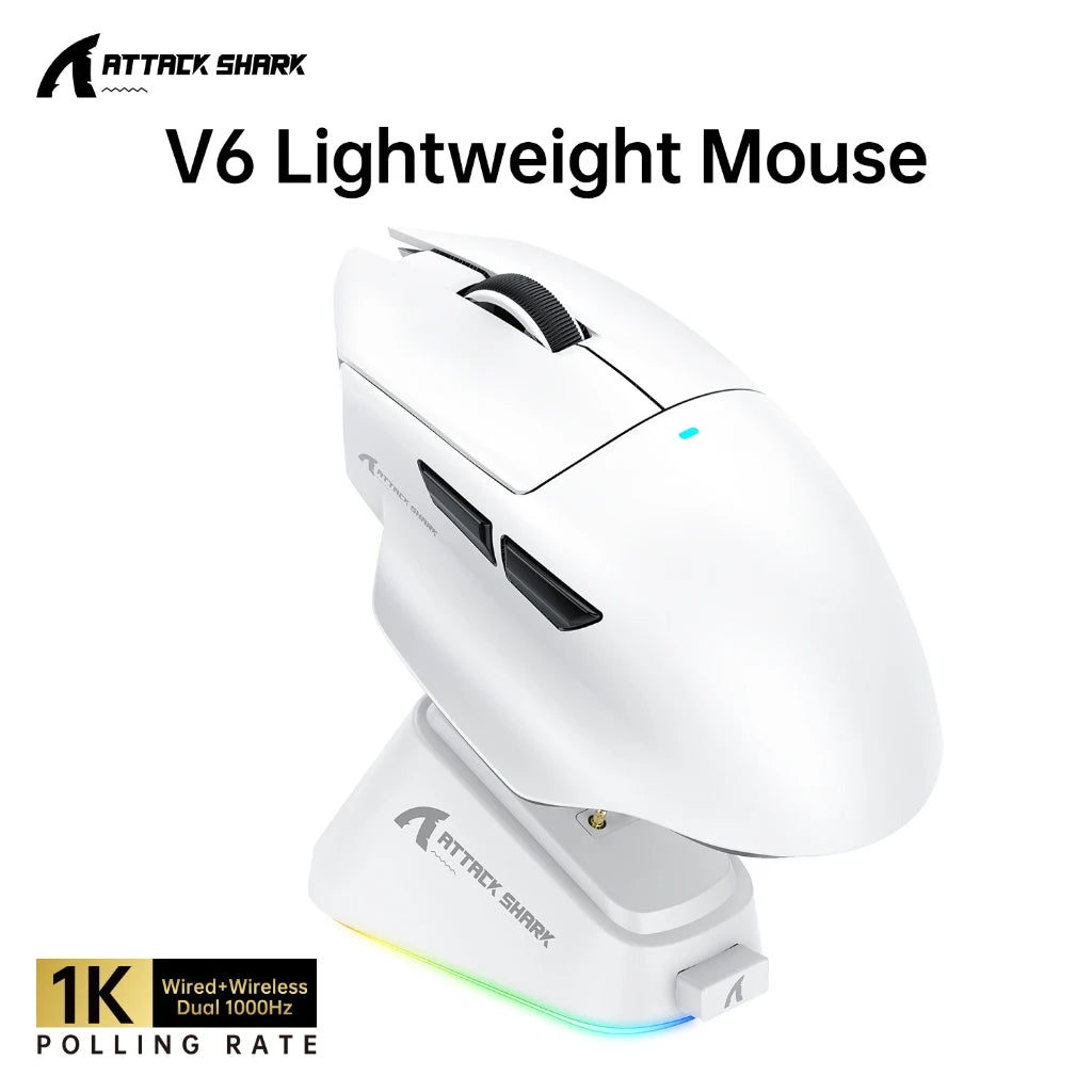 Attack Shark V6 Tri-Mode Gaming Mouse Wireless, 65g UltraLight, PAW3311 Sensor, RGB Magnetic Charging Dock,1000Hz 500mAh Battery Oasis Select V6 White Light