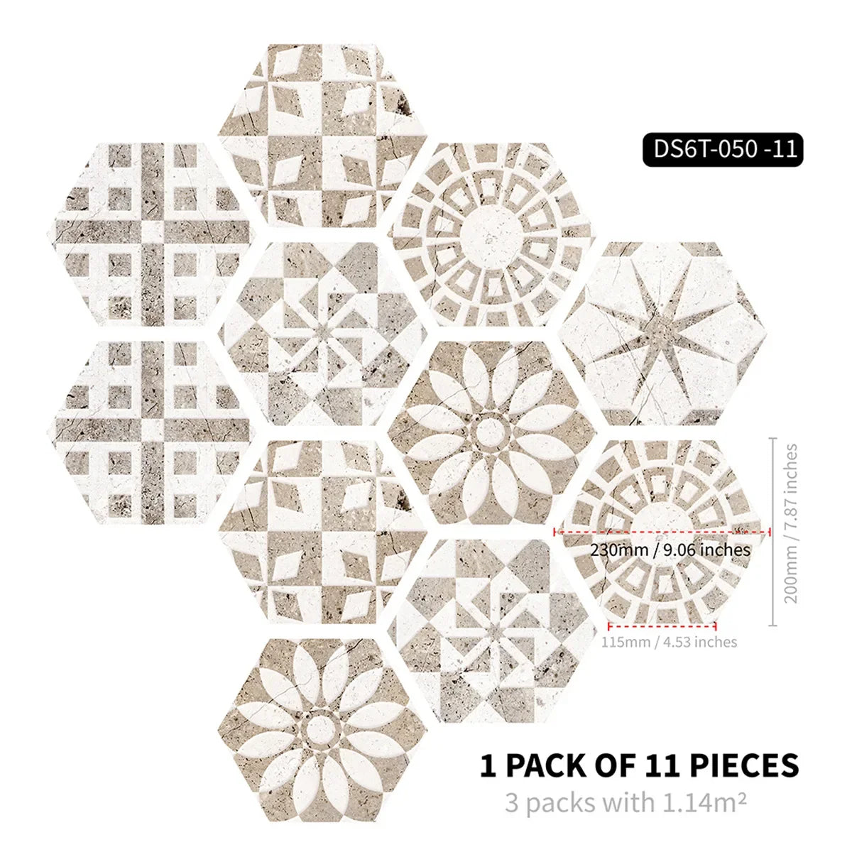 Marble wood grain self-adhesive hexagonal floor stickers waterproof home decoration hexagonal art Mosaic floor stickers Oasis Select DB-6T11P-050-CC 20cm x 23cm 11pcs