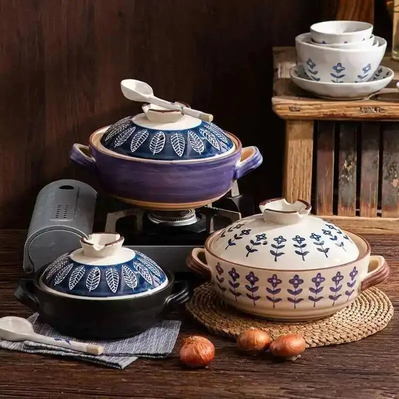 Japanese Ceramic Casserole Stew Pot Household Cooking Gas Retro Flower Pattern Soup Pots High Temperature Resistant Cooking Pot Oasis Select