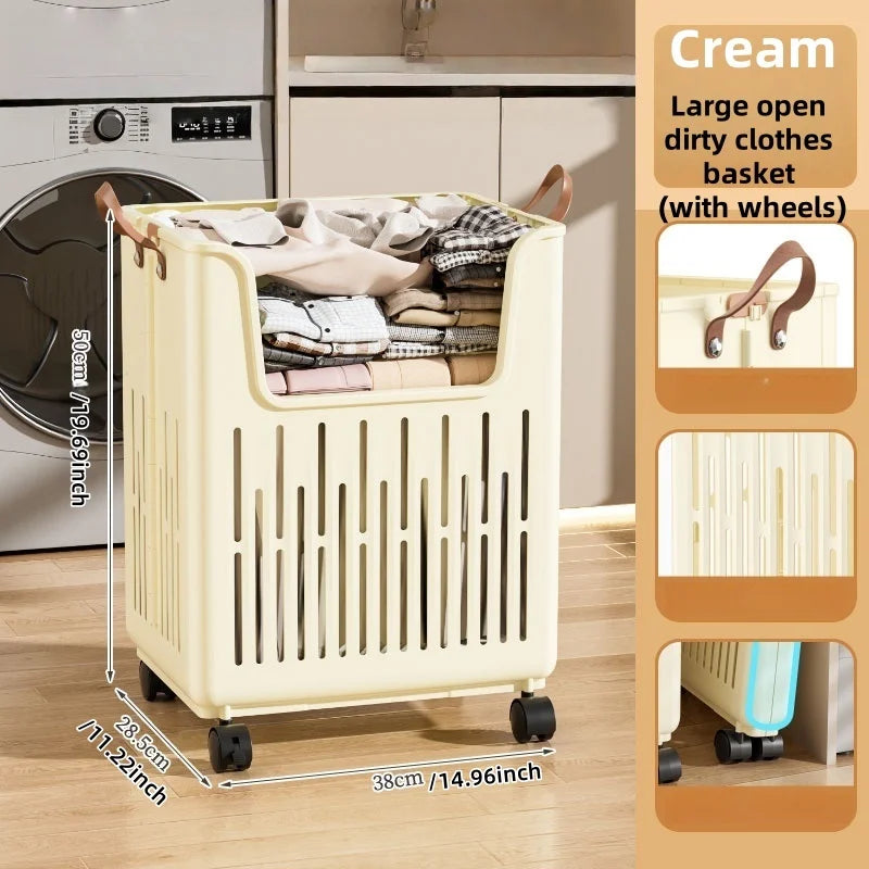 Foldable Open-Top Dirty Clothes Basket, Collapsible Wheeled Laundry Hamper, Space-Saving Organizer for Bedroom/Bathroom Oasis Select Cream Large-Wheel