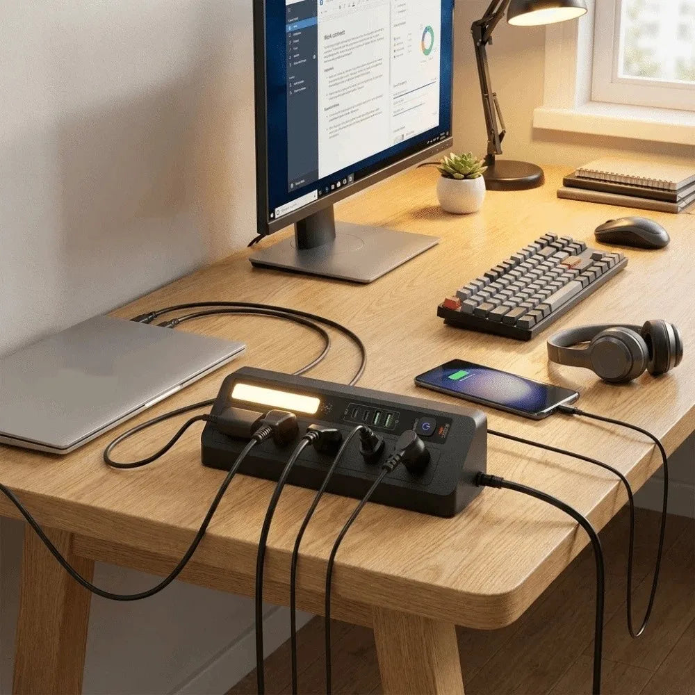 Touch Activated Desktop Charging Strip 3 Color 2AC 2USB Multi Outlet Power Socket Flame-Retardant Shell Lightweight Oasis Select
