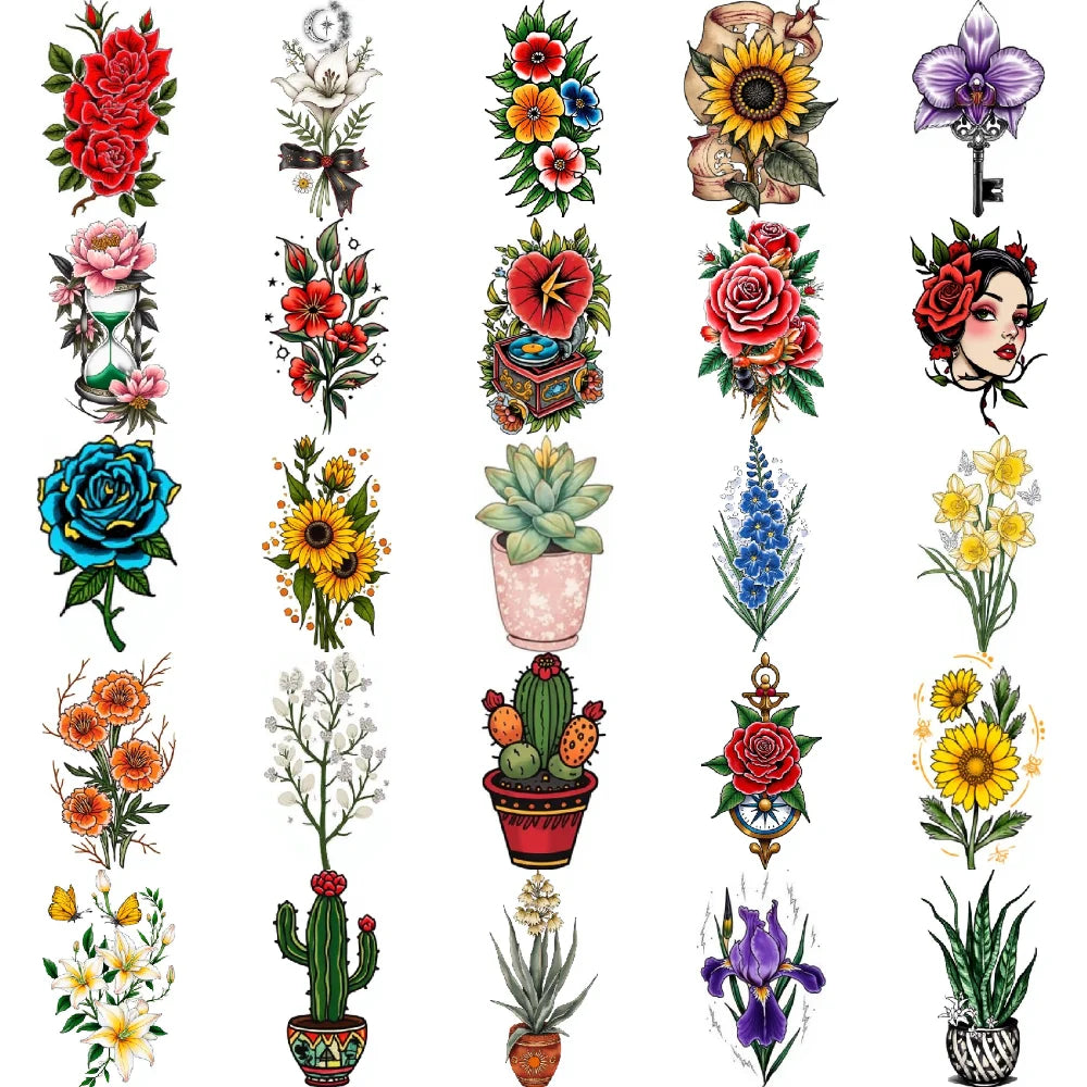 28pcs Waterproof Temporary Tattoos – Rose, Cactus & Sakura