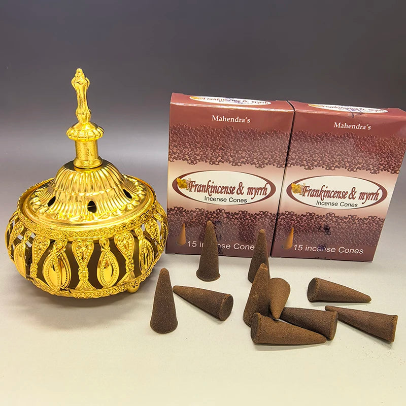 2Pack Mahendra Incense Cones with 1pc Hollow Incense Burner Set，for Yoga Meditation，Home Fragrance Sandalwood Patchouli Lasting Oasis Select A-frankness myrrh