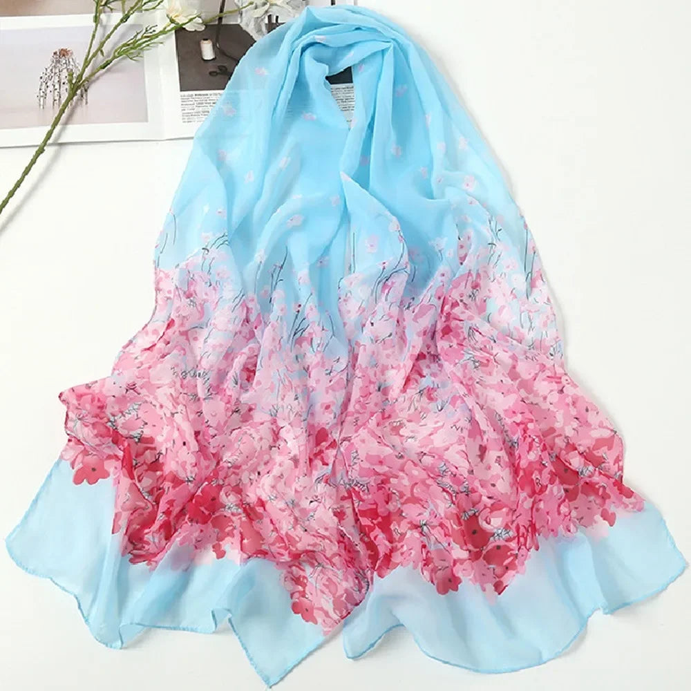 Elegant 160*50cm Chiffon Scarf Sunscreen Gradient Shawl Silk Flower Print Washable Beach Gauze Scarf for Women Oasis Select 19