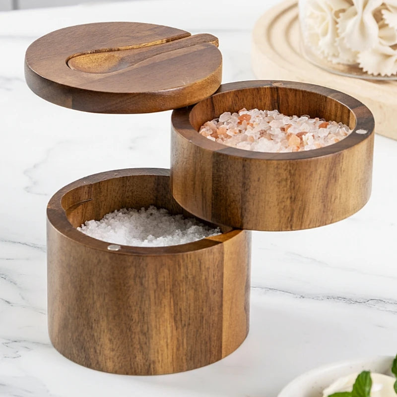 Wooden Salt Cellar with Spoon Kitchen Salt Box Pepper Jar with Swivel Closure Lid Round Container To Condiment Spice Container Oasis Select