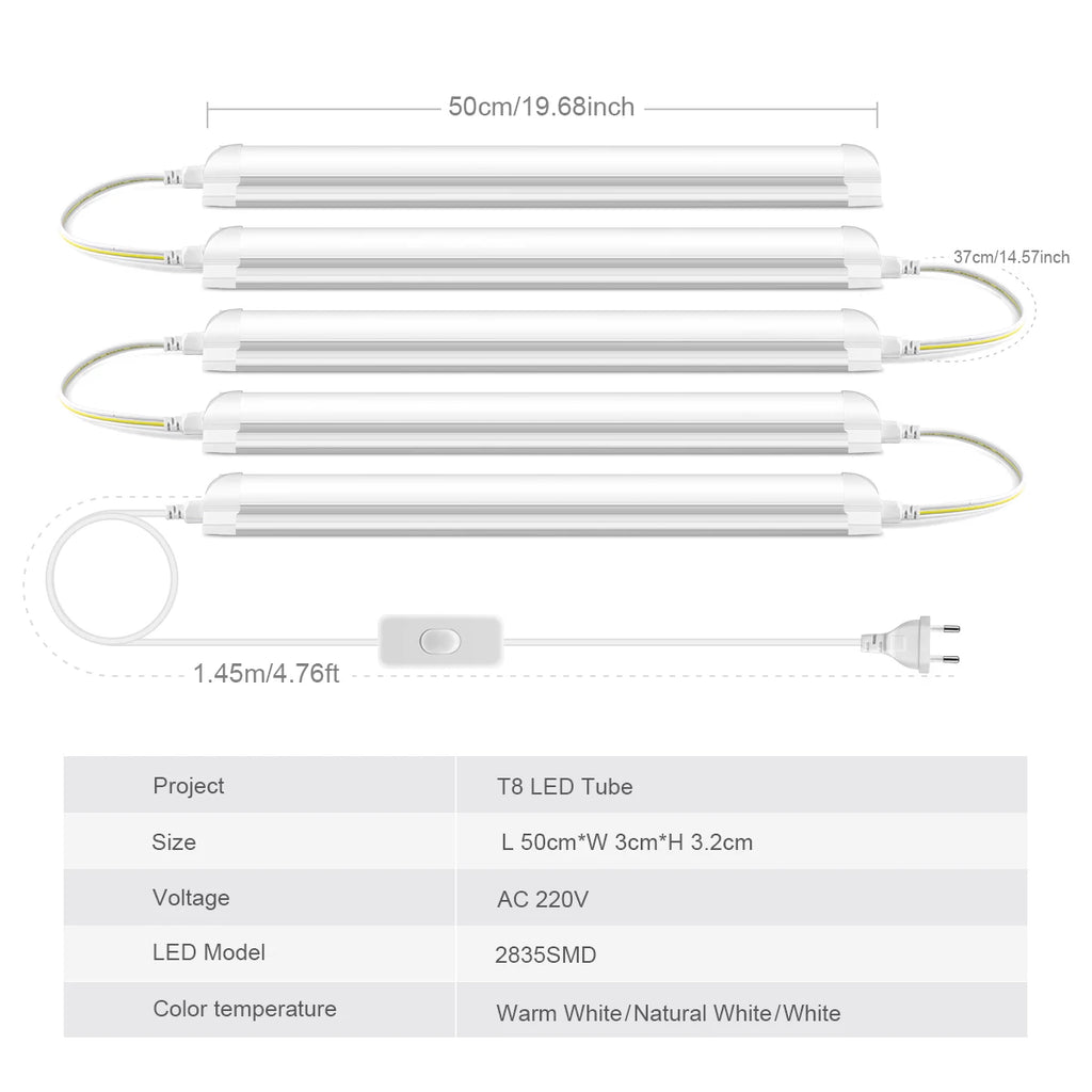LED Tube T8 Lamp 220V EU Plug Aluminum Fluorescent Light Tube 50CM 25W LED Wall Lamp 50000 Hours Life Warm/Cold/Neutral White Oasis Select