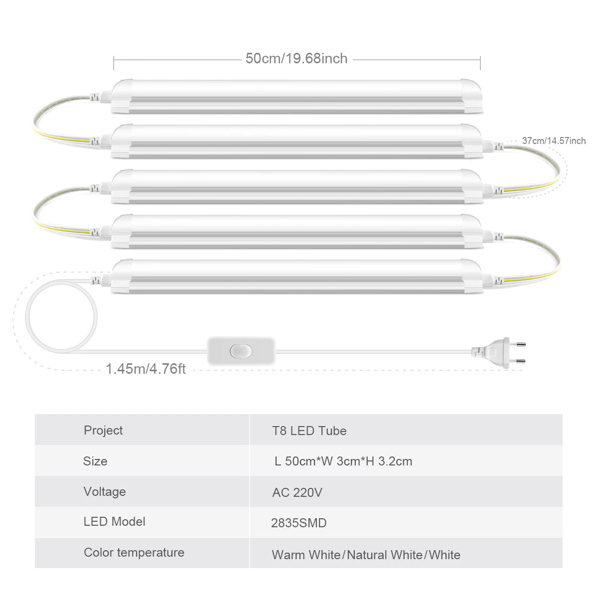 LED Tube T8 Lamp 220V EU Plug Aluminum Fluorescent Light Tube 50CM 25W LED Wall Lamp 50000 Hours Life Warm/Cold/Neutral White Oasis Select