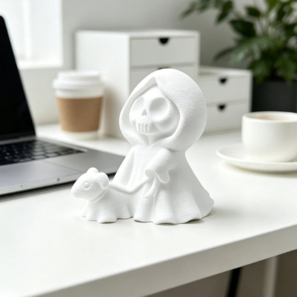 Miniature Grim Reaper Figurines with Ghost Puppy 3D Printed Cute Skeleton Ghost Walking Dogs Statues DIY Paintable Desktop Decor Oasis Select