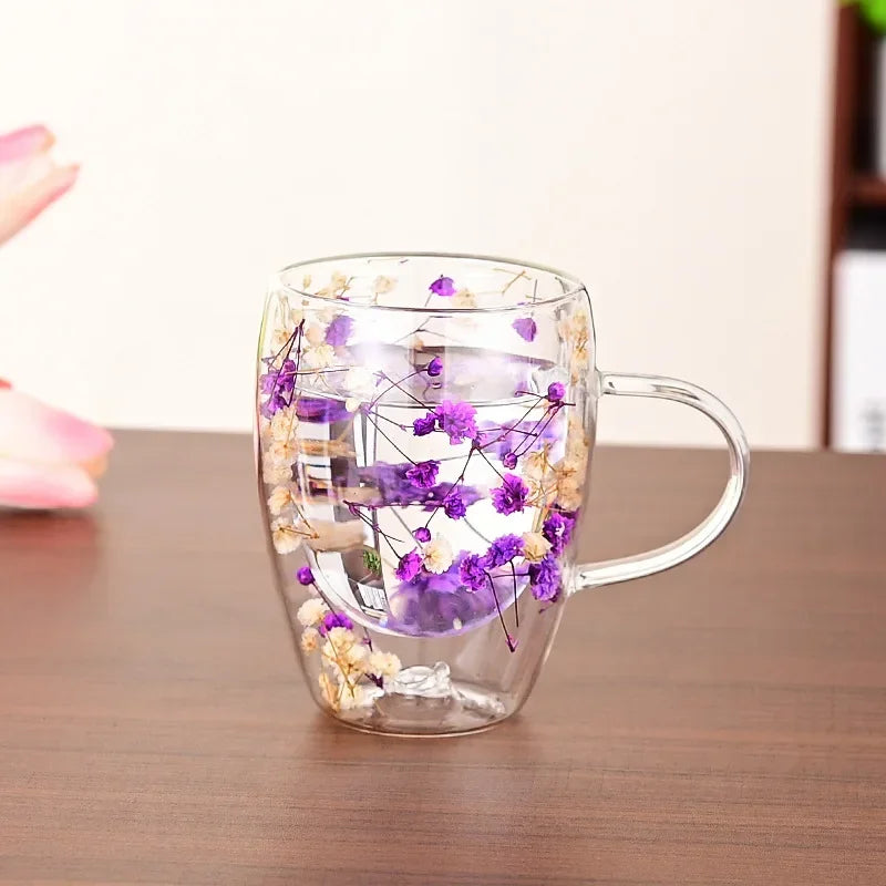 1PCS 300ml Double Wall Glass Cup with Handle Dried Flower Decorated Ins StyleDurable Coffee Milk Mug Heat Resistant Tea Cups Oasis Select Trillium-350m 300ml