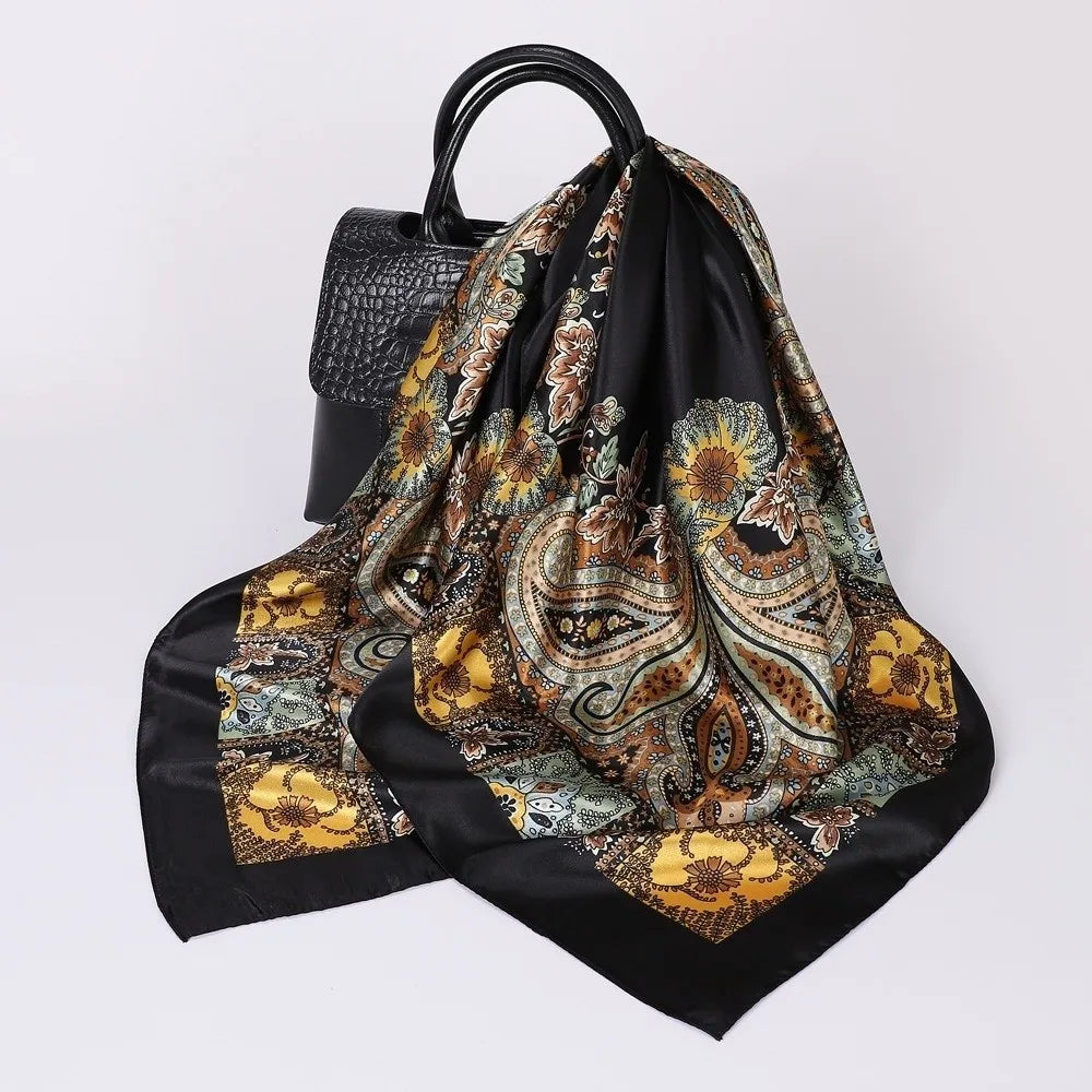 Luxury 90*90cm Satin Square Scarf Bohemian Hair Accessories Print Silk Headkerchief Floral Shawl Wraps Headband Wedding Oasis Select