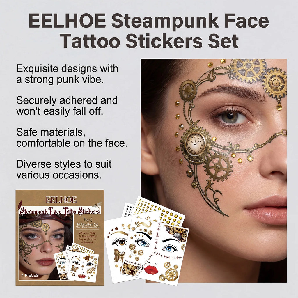 Punk Style Face Tattoo Sticker Set Rhinestone Decor Party Makeup Decal Waterproof Festival Cosplay DIY Face Decor Kit Oasis Select