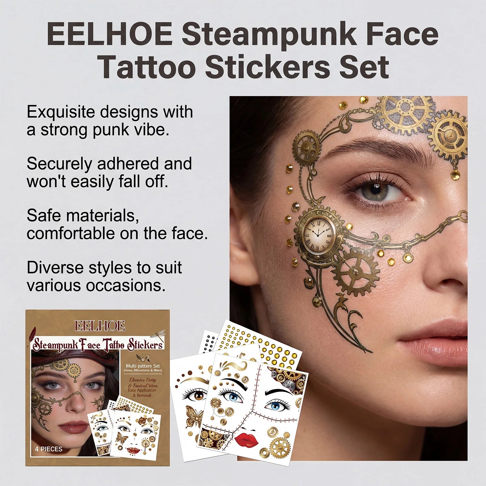 Punk Style Face Tattoo Sticker Set Rhinestone Decor Party Makeup Decal Waterproof Festival Cosplay DIY Face Decor Kit Oasis Select