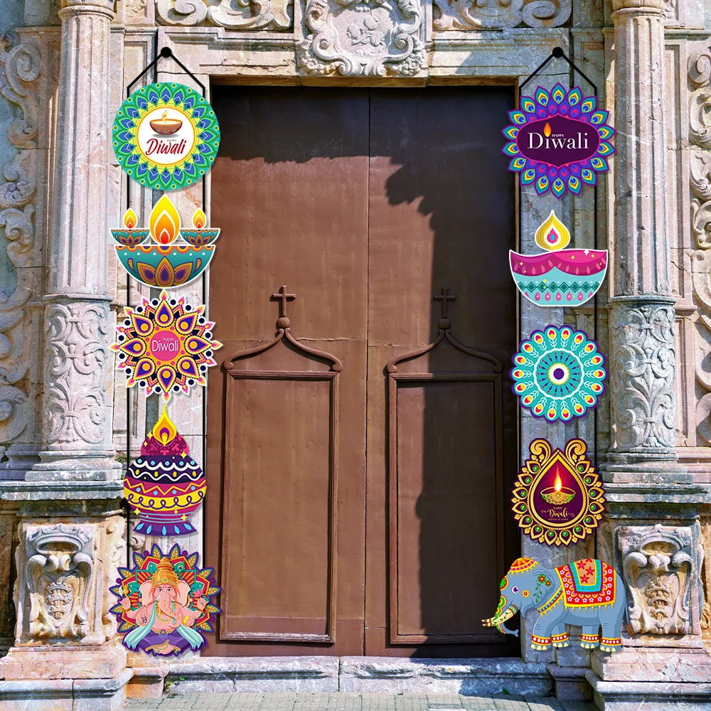 10PCS India Diwali Porch Sign Creative Elephant Couplets Door Hanging India Diwali Party Door Banner Decoration Hanging Flag Oasis Select
