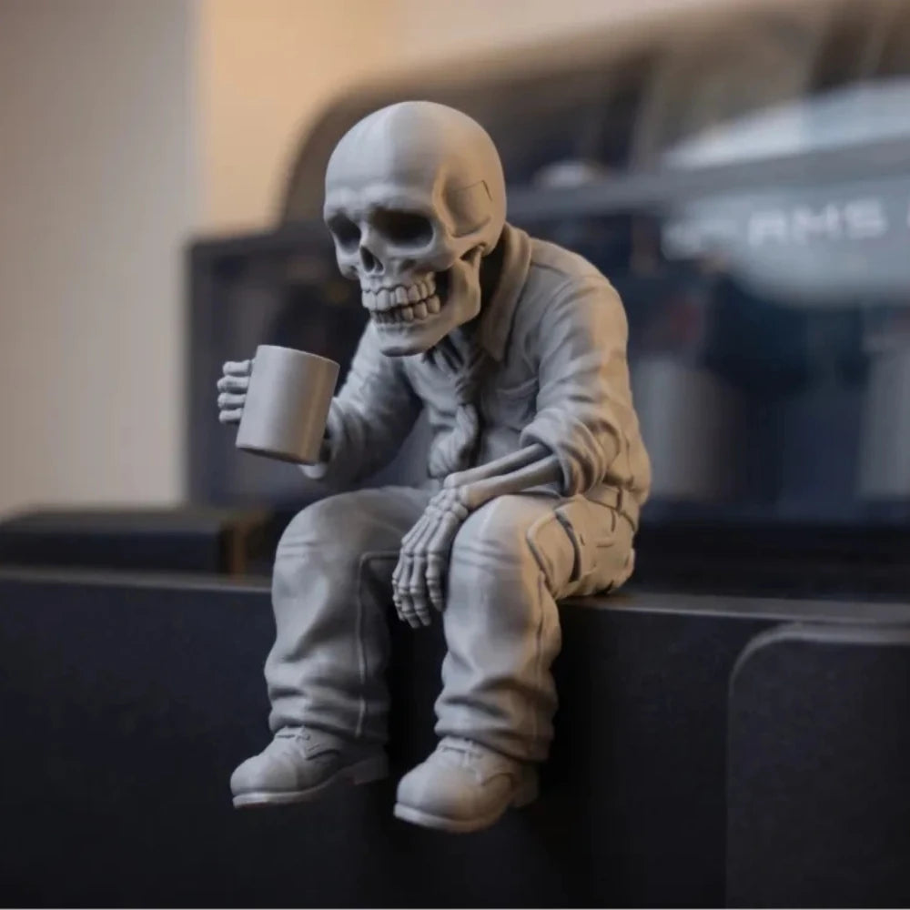 Seated Eerie Office Worker Skeleton Figurine 3D Printed Coffee Drinking Skull Desk Ornament for Humorous Home Office Decor Gifts Oasis Select
