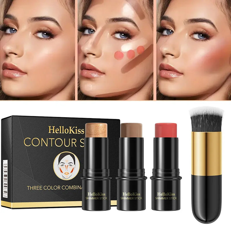 Hello Kiss 4-Piece Cream Contour Kit – Highlight, Blush & Brush