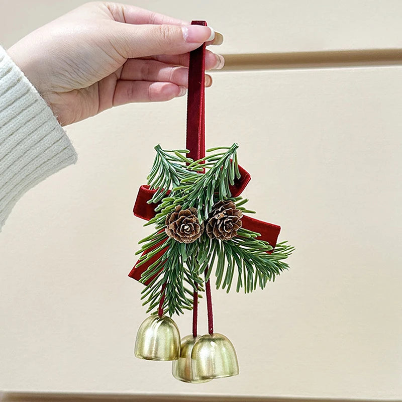 Christmas Jingle Bell Door Hanger – Velvet Bow & Pine Cone Ornament