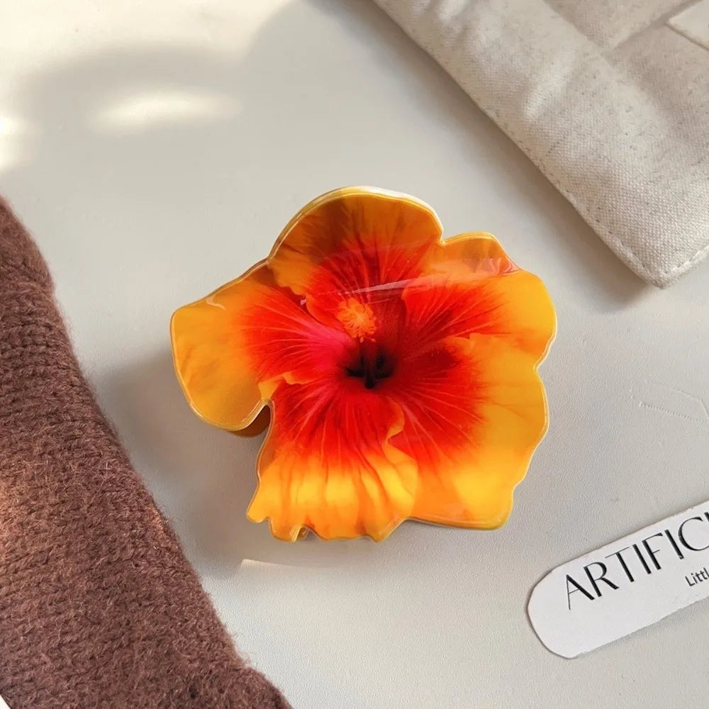 Double-sided Printing Hibiscus Flower Hair Claw Exquisite Design Lifelike Flowers Acrylic Claw Clip Romantic Style Oasis Select 5