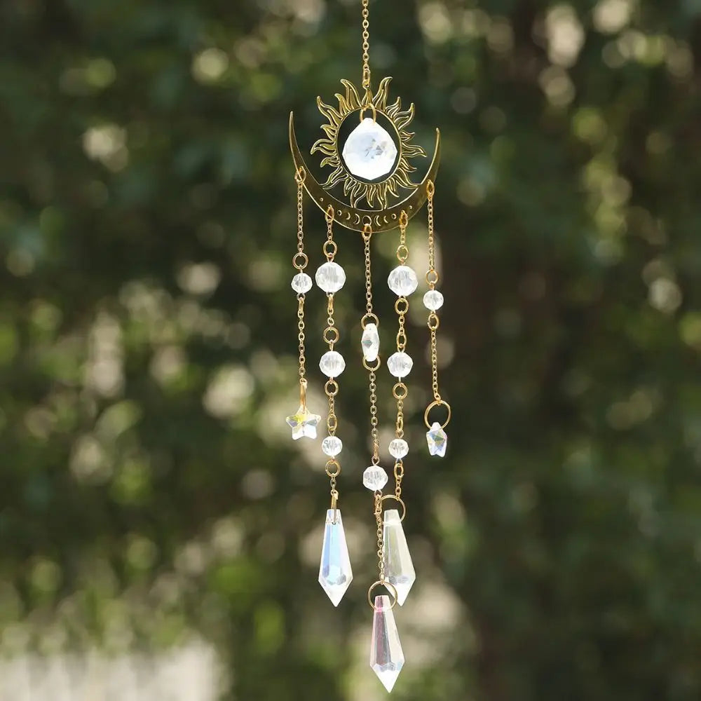 Golden Flame Moon Crystal Pendant AB Colourful Moon Eye Sunshine Catcher Hanging Moon Hanging Decoration Holiday Party Decor Oasis Select