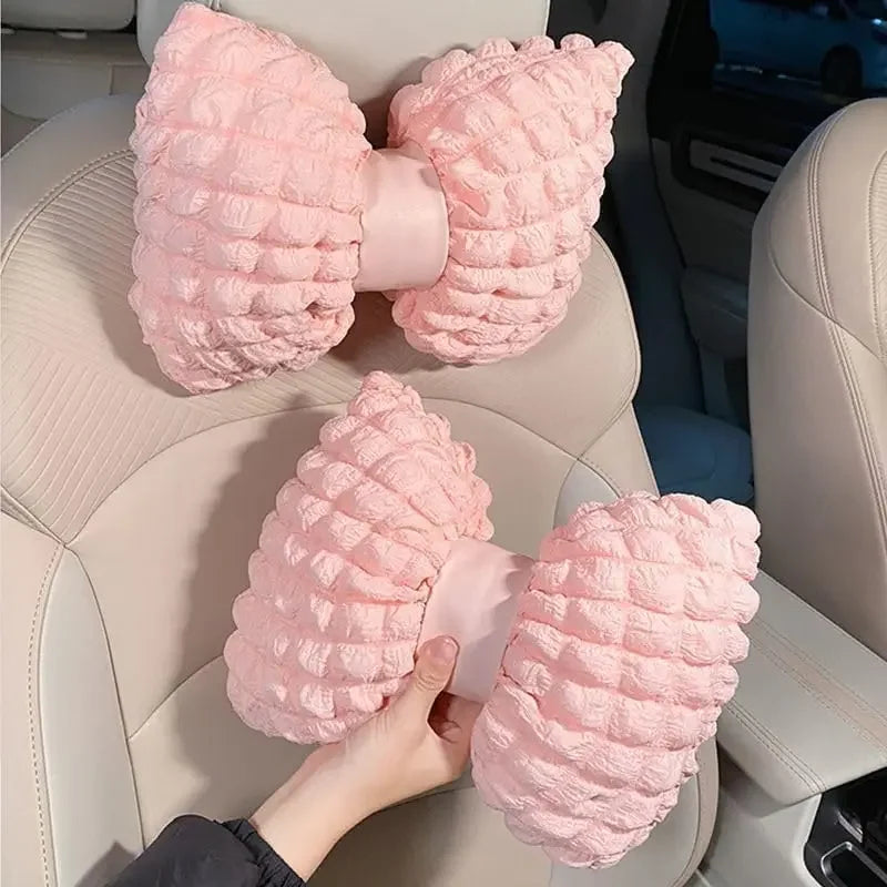 Cartoon Bowknot Neck Pillow Car Headrest Lumbar Support Soft Pink Car Waist Pillow Car Interior Decoration Cute Cushion Oasis Select