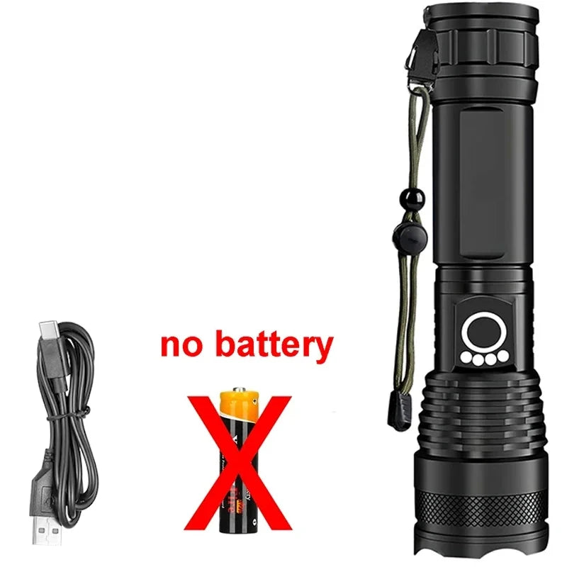 High Power LED Flashlight Rechargeable 5 Mode Aluminum Alloy Telescopic Zoom Torch Tactical Lamp for Outdoor Camping Fishing Oasis Select No battery