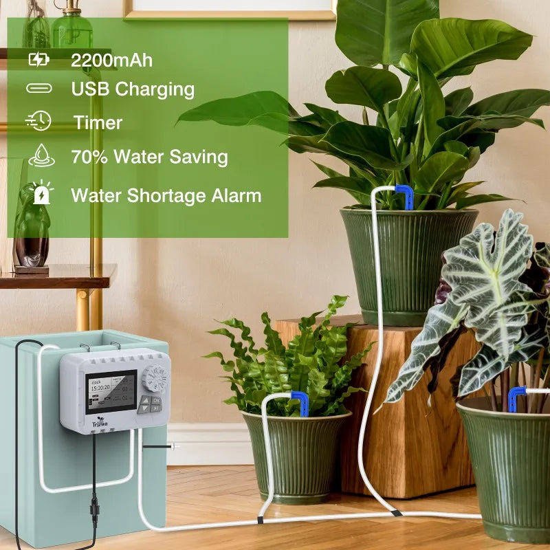 Indoor Automatic Irrigation System,2200mAh Watering Timer USB Rechargeable,Self Watering System with Drip Hose 15 Drip Tips Etc Oasis Select