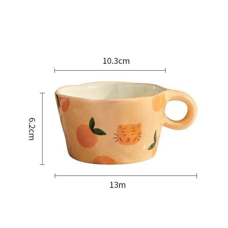 300ML Ceramic Mugs Hand Pinched Irregular Mug Hand-painted Strawberry Flower Coffee Cup Breakfast Milk Afternoon Tea Cup Gift Oasis Select Orange tiger 300ML
