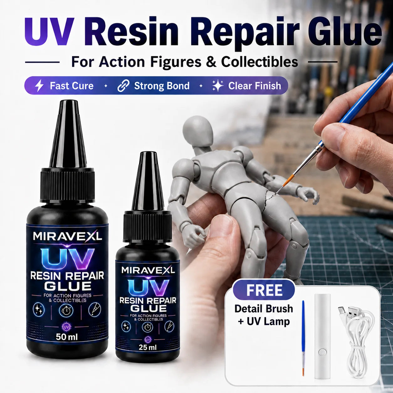 MIRAVEXL UV Resin Repair Glue 25ml/50ml for Action Figures Collectibles, Fast Curing ClearAdhesive with UV Light Brush Kit Pack Oasis Select