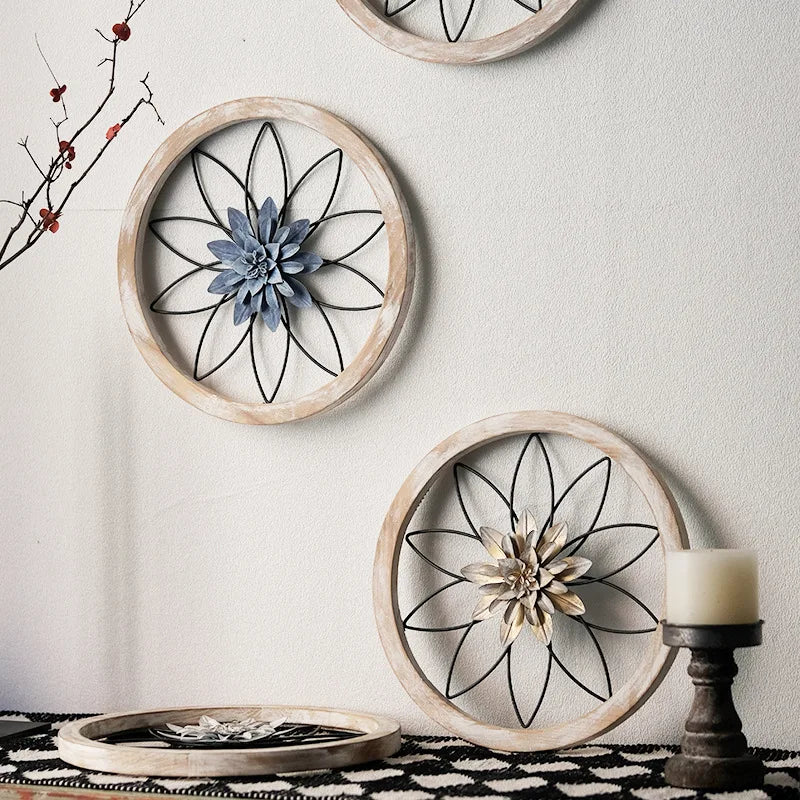 American Countryside Living Room Entrance Retro Wall Decoration Wall Hanging Circular Wooden Frame Oasis Select