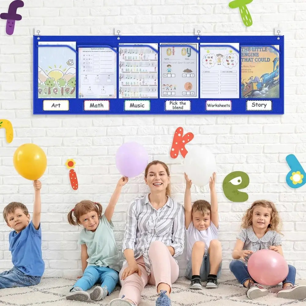 Sturdy Horizontal Storage Pocket Chart Reusable with 6 Clear Pockets Wall Pocket Chart with Label Durable Foldable Oasis Select