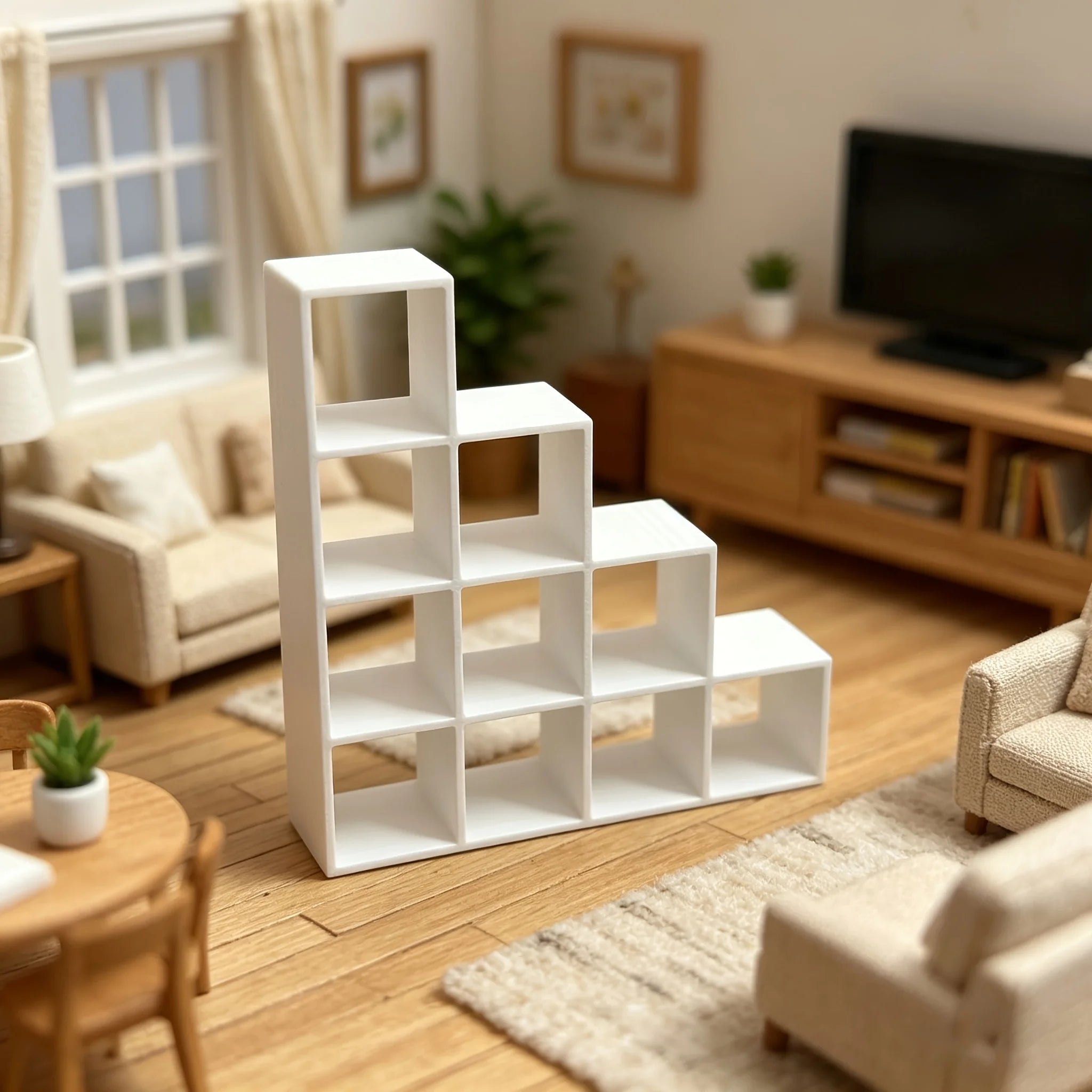 1:12 Scale Stair Step Miniature Display Shelf 3D Printed Grid Dollhouse Storage Rack Mini Organizer for Doll House Book Ornament Oasis Select