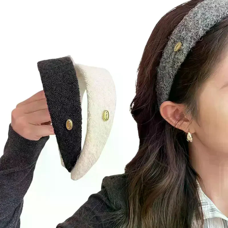 Korean Fuzzy Headband – Soft Plush Hairband with Gold Logo