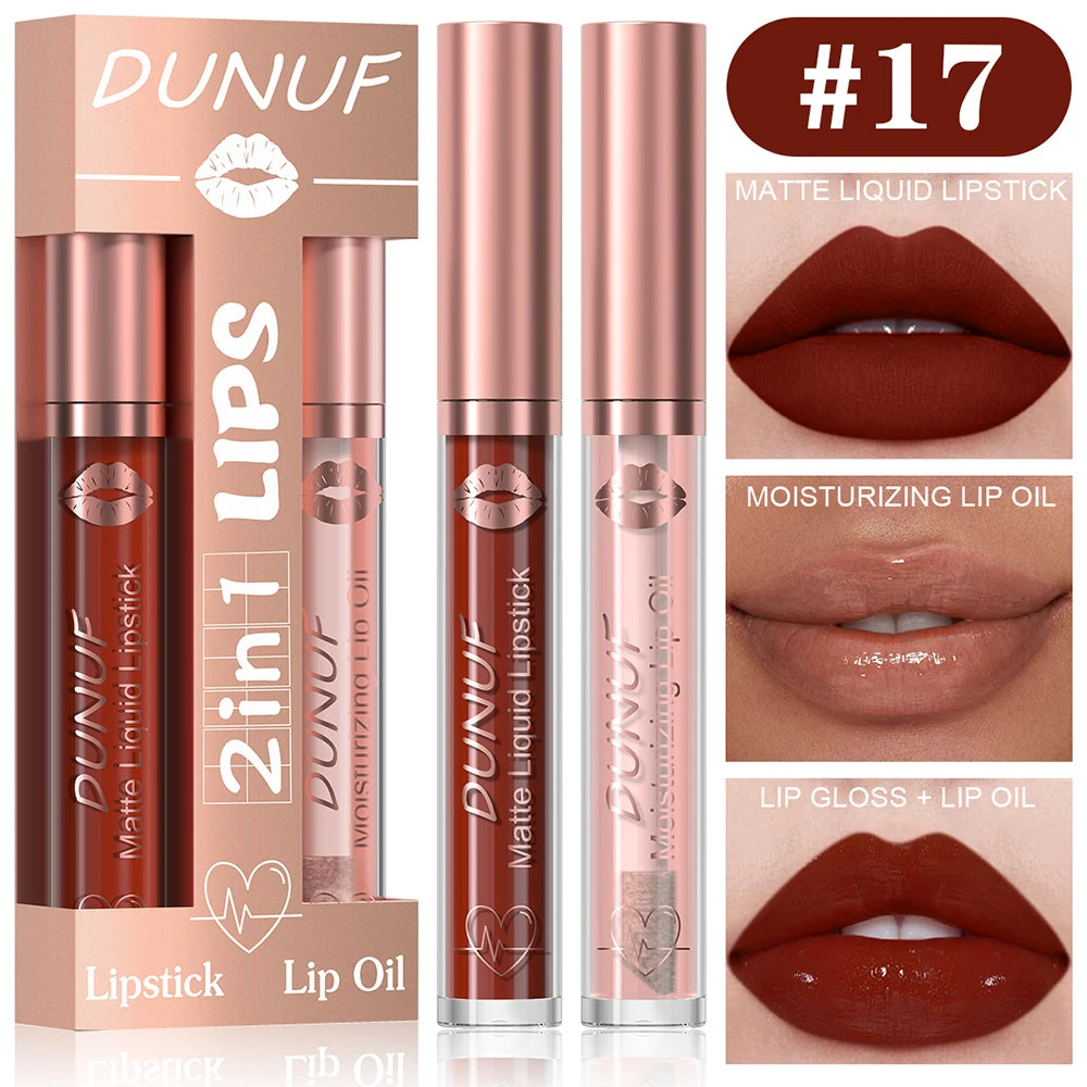 DUNUF Lip Gloss And Lip Oil Set 2-Piece Long-Lasting Waterproof Matte Moisturizing Non-Fading Lipstick Collection Oasis Select 17