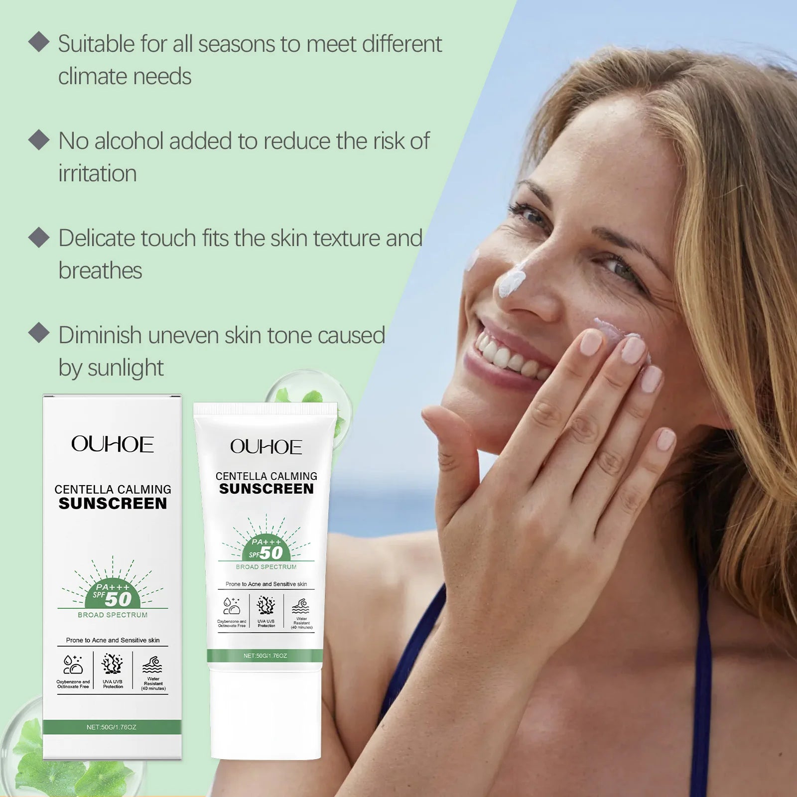 Ouhoe SPF 50 Centella Facial Sunscreen – UV Defense 50g Facial Sunscreen Oasis Select