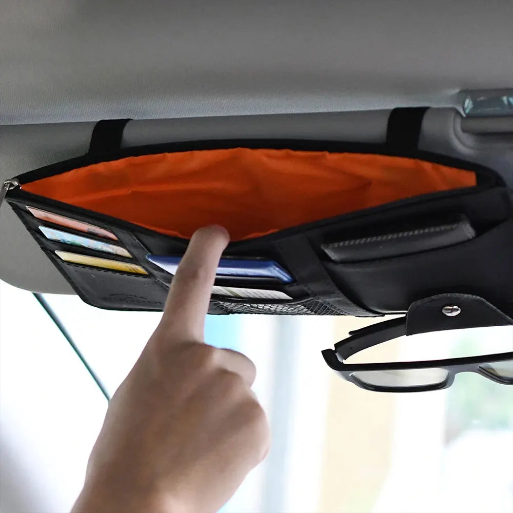 PU Leather Car Sun Visor Organizer – Multi-Pocket Holder