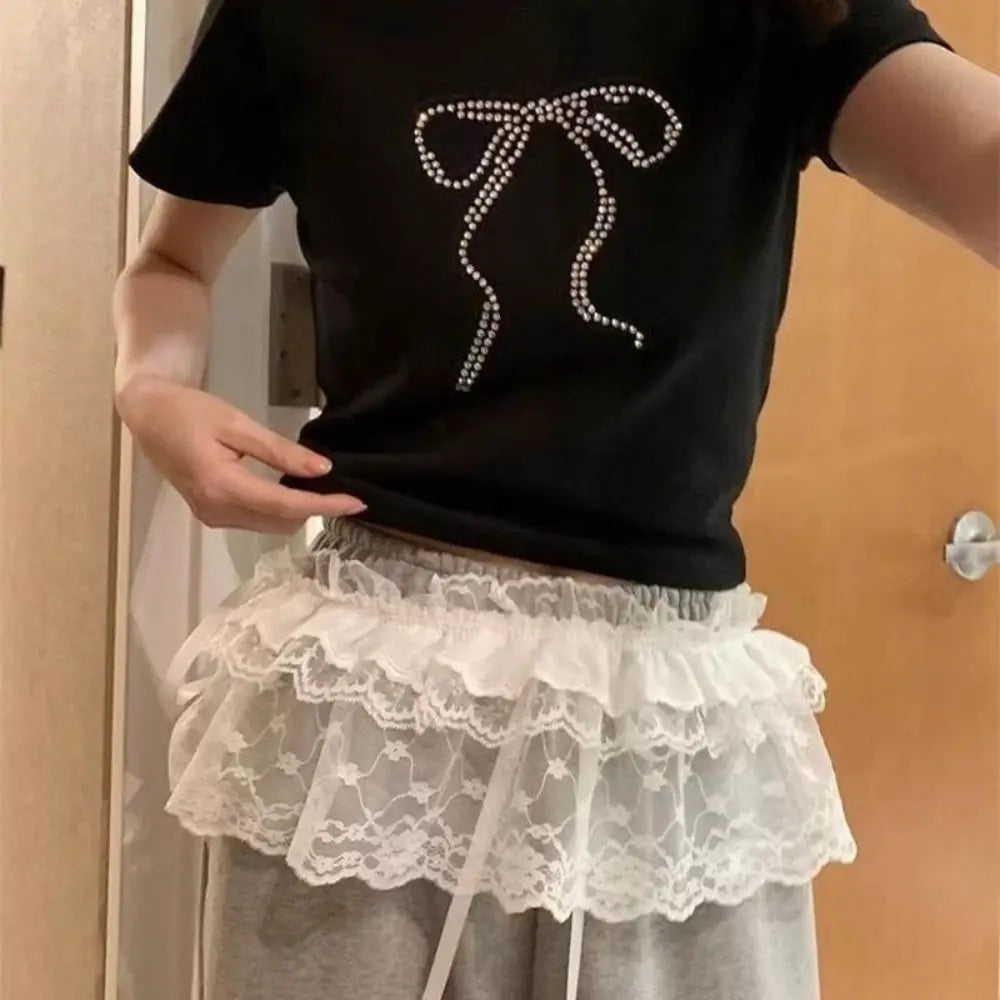 New Embroidered Flower Lace Mini Skirt Y2K Streetwear See Through Ruched Skirts Harajuku Lace Up Ruffles Skirt Jeans Decoration Oasis Select