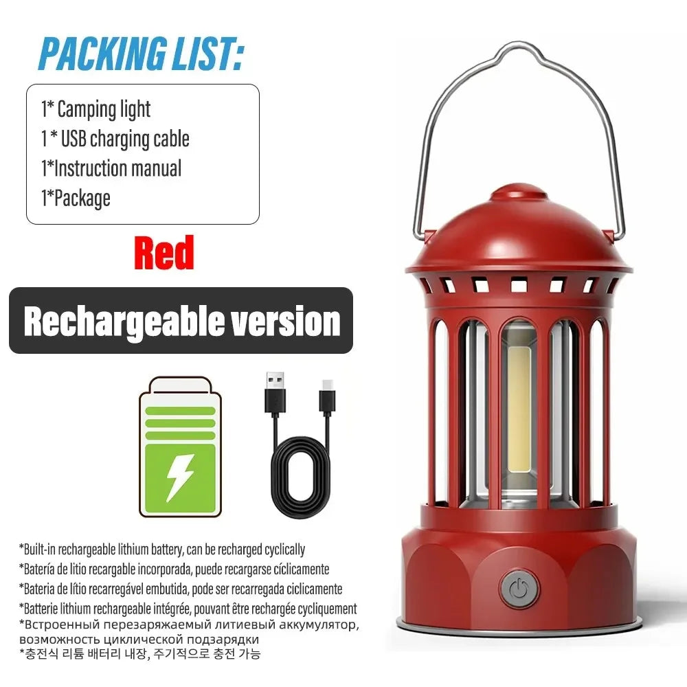 European Roman Pillar Vintage Camping Lantern Flashlight Rechargeable Lamp With Hook Warm White Light For Camping, Exploring Oasis Select Red-USB L800BR