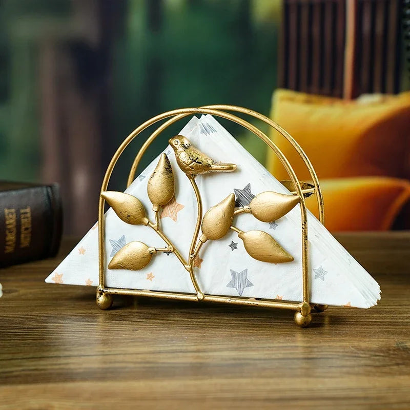Luxury Golden Leaf Paper Towel Rack Hollow Metal Light for Home Restaurant Hotel Desktop Storage Organizer Oasis Select