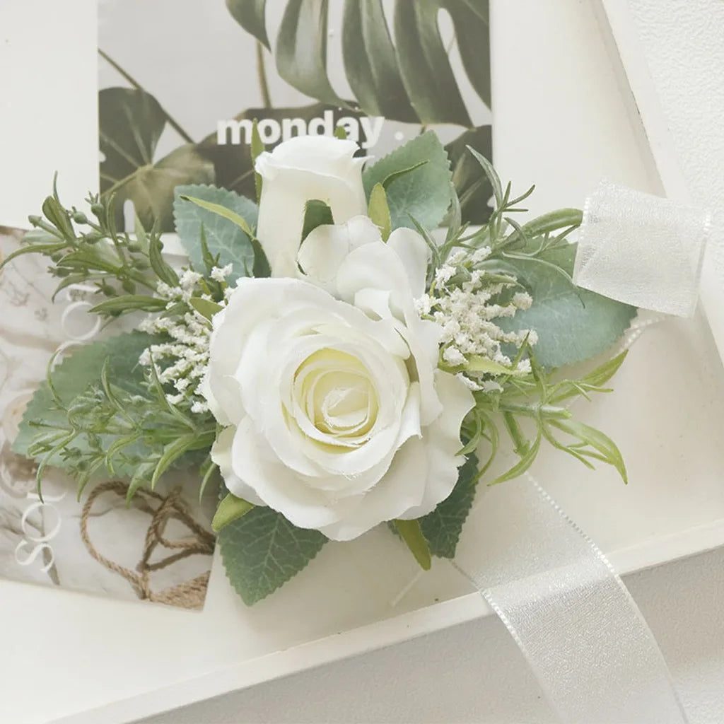Wedding Artifical Flowers Silk Rose Boutonniere Ribbion Wrist Corsage Botonier Para Novio Boda Oasis Select White-1-Wrist Flower