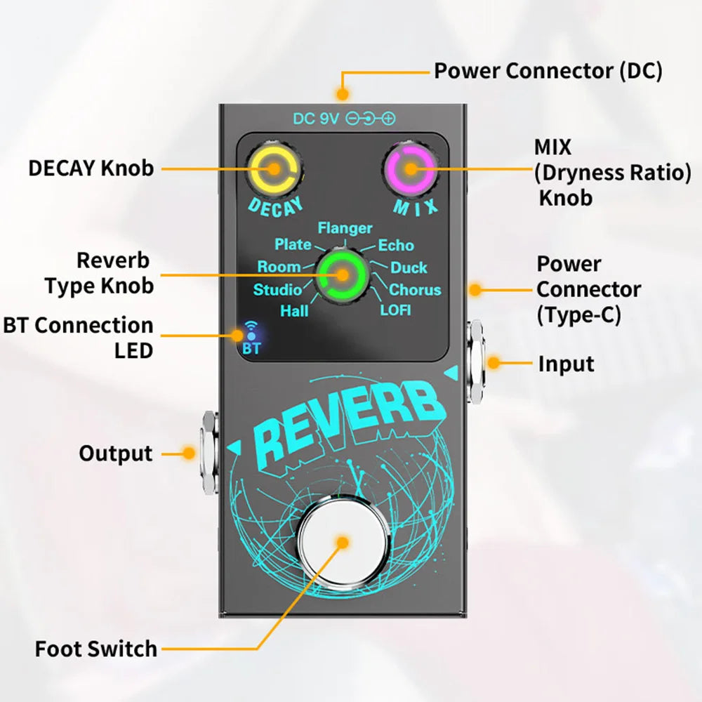 Guitar Effects Pedal Digital Reverb Guitar 9 Different Reverb Guitar Effect Pedal Wireless Accompaniment DECAY/MIX Luminous Oasis Select