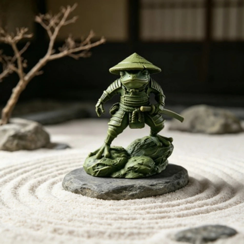 3D Samurai Frog Statue with Retro Bamboo Hat Armor Japanese Warrior Frog Desktop Figurine Study Tea Table Entryway Decorative Oasis Select