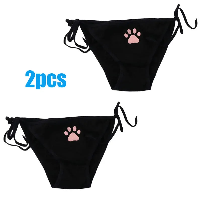 1/2/3/4pcs Women Sexy Sweet Cat Claw Briefs Low Waist Bowknot Bandage Lingerie Strings Strap Underwear Ladies Breathable Panties Oasis Select 2pcs black One Size as show