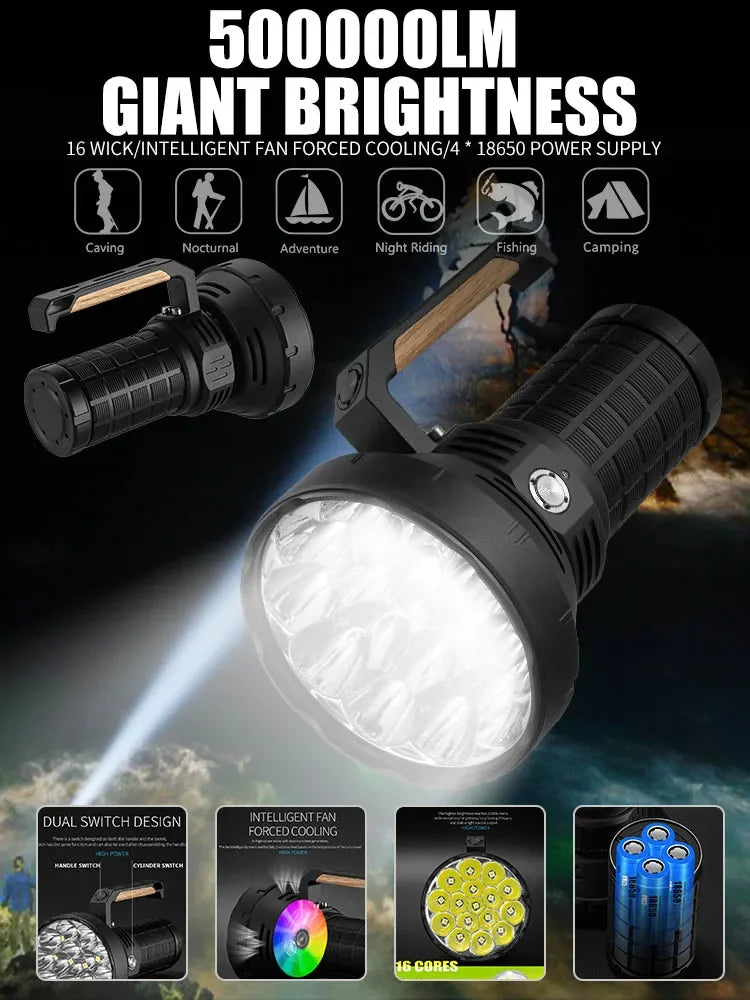16xP50 Wick Ultra Strong Light Handheld Light Flashlight - Intelligent Fan Forced Heat Dissipation-4x18650 Power Supply Oasis Select
