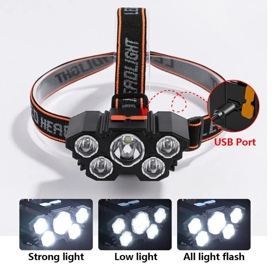 5 LED Headlamp Rechargeable with Built in Battery Strong Light Headlight Camping Adventure Fishing Head Light Flashlight Oasis Select