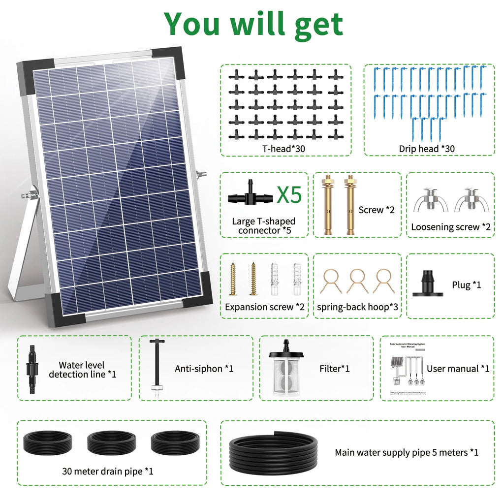 Solar Potted Plants Deep Drip Irrigation Watering System 9V 5W, Watering Regularly Easy DIY, with 30*Drip Tip 15m Water Pipe Etc Oasis Select 1 Set